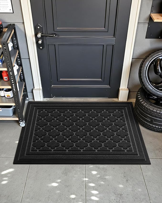 Color&Geometry Front Door Mat Outside Entrance, Heavy Duty Non Slip Low Profile Doormat for Entryway, Trap Dirt and Moisture Welcome Mats All-Weather, Easy Clean, Patio, Garage, 24"x48" Black