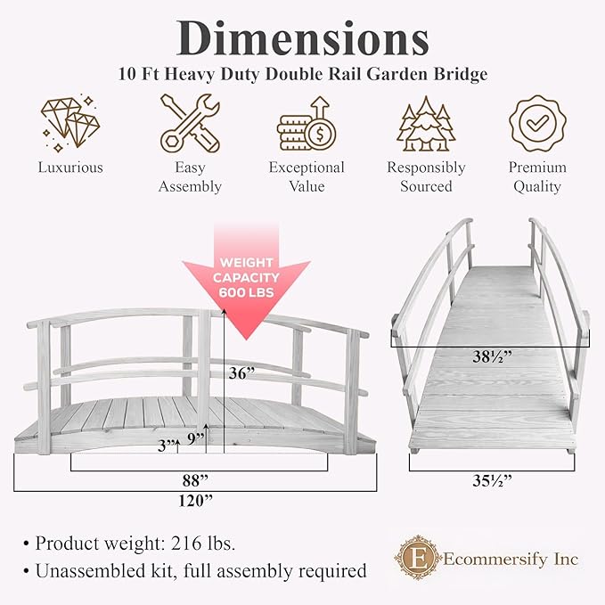 10 FT White Amish Made Garden Bridge with Double Rails for Walkway, Backyard Pond & Landscaping, Outdoor Wooden Footbridge for Koi Pond, Japanese Style Decorative Bridge, Made in USA