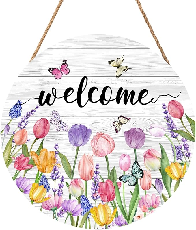 Welcome Spring Summer Tulip Flower Door Sign For Front Door Decor,Floral Butterfly Wooden Sign 12"x 12" Round Hanging Door Sign Decoration for Wall Rustic Decor