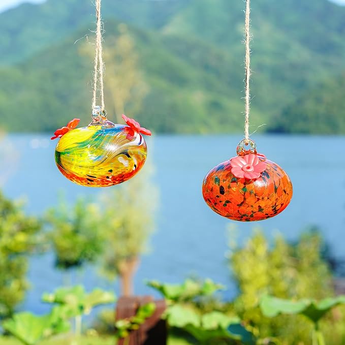 Set 2 Hummingbird Feeders for Outdoors Hanging 3.2in Small Blown Glass Humming Bird Feeder for Window Humming Bird Feeders with 2 Flower Feeding Ports