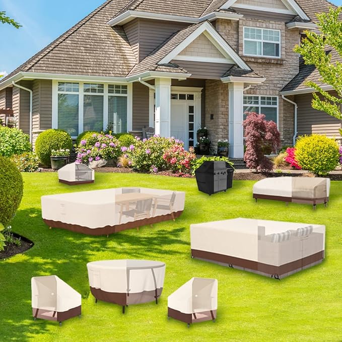 Tuyeho Patio Chair Cover 35 x 28 x 35 inch, 900D Heavy Duty Outdoor High Back Chair Cover, Waterproof & Weather Resistant for Your Lounge Deep Seat High-Back Chair (Beige & Brown)