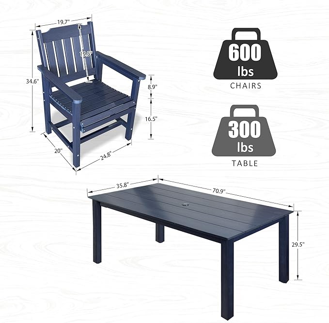 Poly Lumber Patio Dining Set, HIPS Outdoor 70.9-Inches Dining Table and Slat Back Chairs, with Umbrella Hole, Weather Resistant (Navy Blue, 5 Piece)