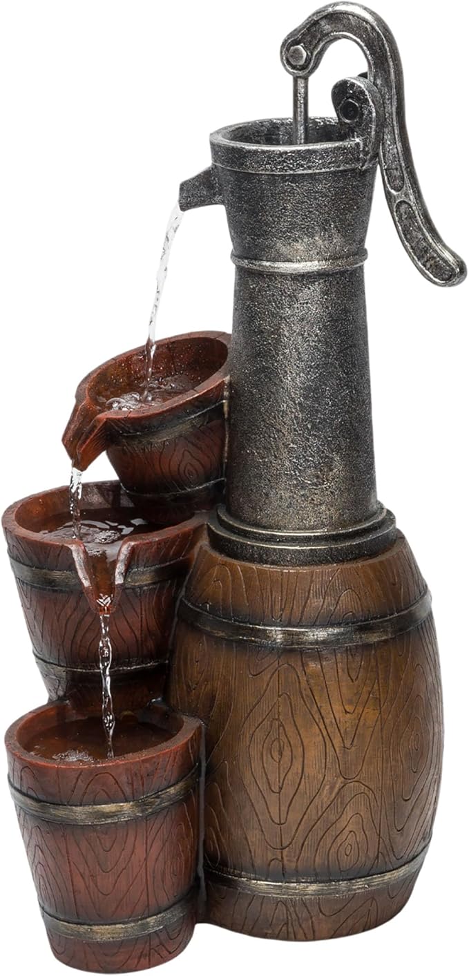 Alpine Corporation ZEN403S Indoor/Outdoor Floor Vintage Farmhouse Barrel Fountain, Rustic Waterfall for Garden, 24", Brown