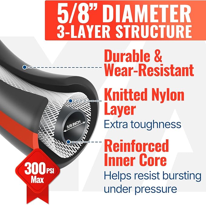 YAMATIC 100FT 5/8" Garden Hose, 300 PSI Kink-Resistant Water Hose with 360° Swivel Connector & 3/4" Brass GHT Fittings, Flexible All-Weather Outdoor Hose for Yard, Lawn, Garden & Driveway