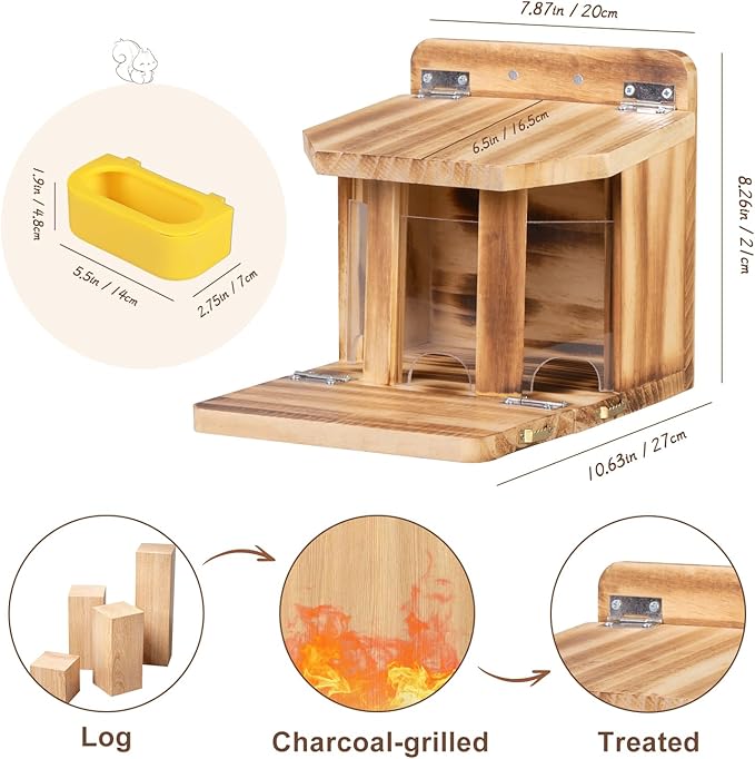 MIXXIDEA Wooden Squirrel Feeder with Water Bowl, Large Capacity Squirrels Feeders for Outside, Sturdy Construction, No Assembly Lovely Chipmunk Feeder for Corn, Peanut, Nuts, Chestnuts (Brown-1pk)