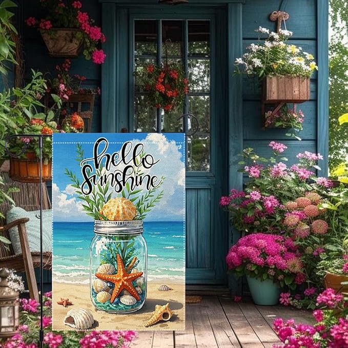 Hello Sunshine Garden Flag Starfish Mason Jar Summer Garden Flags 12x18 inch Vertical Double Sided Sea Shell Coastal Burlap Outdoor Lawn Beach Decorations