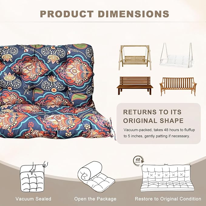 Porch Swing Cushion with Backrest,Waterproof Bench Cushion for Outdoor Furniture,2-3 Seater Replacement Thickened Swing Cushion with Ties,Patio,Outdoor,Backyard and Garden (Bohemian,40x40)