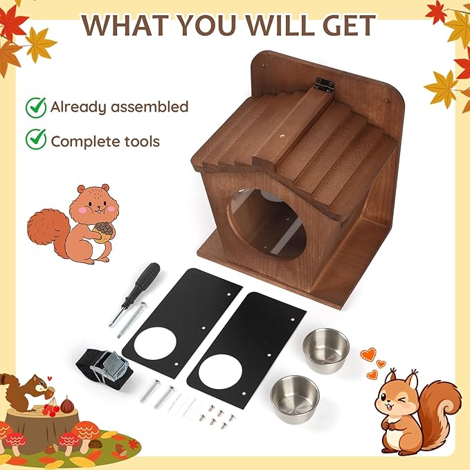 Wood Squirrel Feeder, Durable Hanging Squirrel Boxes for Outside Large Capacity Outdoor Squirrel House for Corn Cobs, Peanuts & Nuts - Funny Feeding Station for Squirrels & Chipmunks