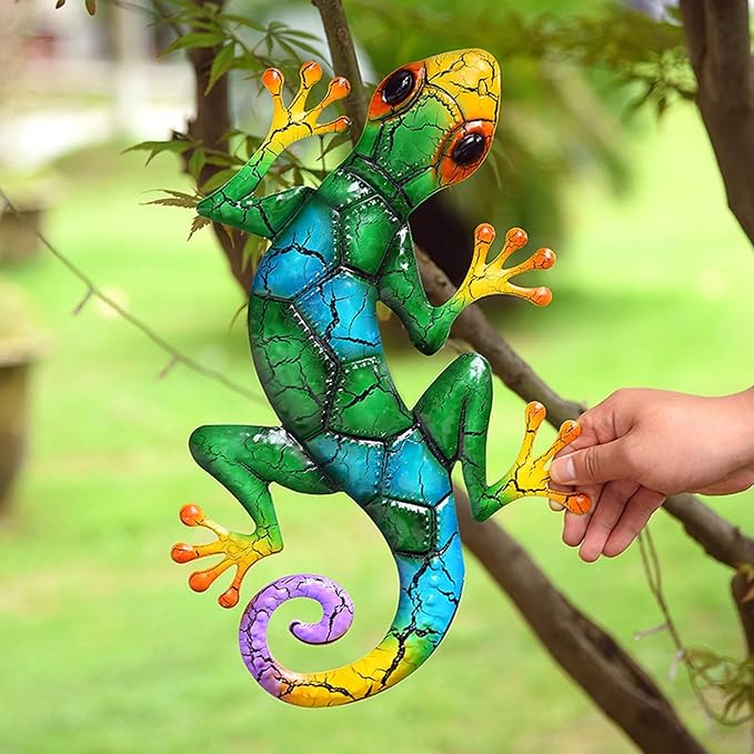YWHWXB Metal Gecko Wall Decor,Outdoor Hanging Lizard Wall Art,Colorful Metal Lizards Wall Art Decor for Indoor/Outdoor Garden/Balcony/Yard Fence Decoration(16.9 ×10.6 × 0.5 in,Green)