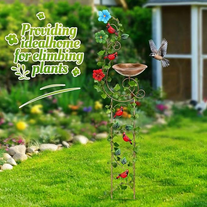 Bird Baths with Trellis for Climbing Plants Outdoor, Small Garden Plant Trellis, Metal Birdbath Birdfeeder Bird Water Feeder with Iron Bowl, Antique Plant Support Structures (Redbird)