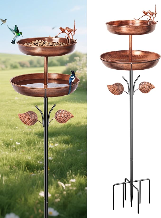Bird Bath for Outside, Double 46In Metal Birdbaths for Outdoors,Bird Bath Feeder Bowls for Garden Patio Yard Decor, Upgraded 5-Pronged Metal Stake