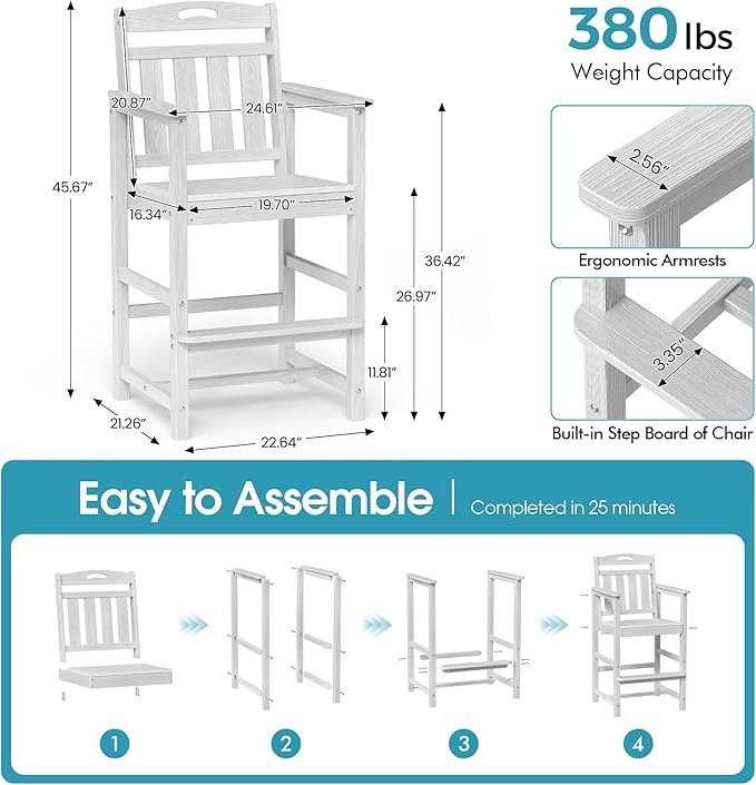 Ciokea Set of 2 Outdoor Tall Bar Chairs, 27" Bar Height Patio Stools with Arms & High Back, Heavy Duty All-Weather Adirondack Tall Chairs for Balcony, Poolside, Deck and Garden, White