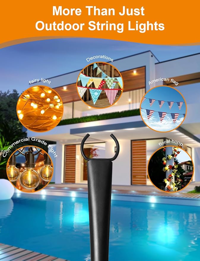 4 Pack String Light Poles for Outside, Thickened Metal Christmas Lights Hanger Pole Outdoor with Fork, Lighting Hanging Post Accessories for Patio Decor Garden Backyard Yard Outside Decorations