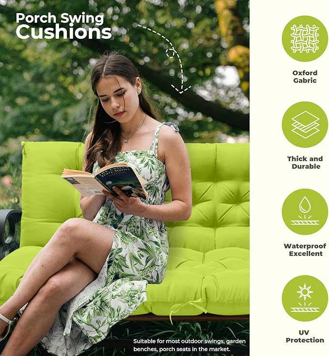 Porch Swing Cushions, Waterproof Patio Swing Cushions for Outdoor Furniture Thickened Outdoor Swing Bench Cushions 2-3 Seater Replacement with Ties for Patio Swing (Light Green, 60x40 Inch)