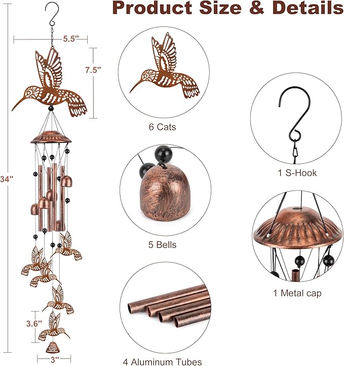 Outdoor Wind Chimes Hummingbird Sasquatch Gifts Metal Windchimes for Men/Women/Memorial Gift Metal WindChimes for Outside/Indoors, Home, Lawn, Porch, Patio, Garden Decor