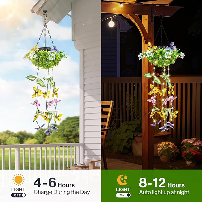 Colorful Solar Butterfly Lights for Garden, 2 Pack Hanging Lights with Fluttering Butterflies & Flowers, IP65 Waterproof Outdoor String Lights for Patio, Birthday & Kids Play Area