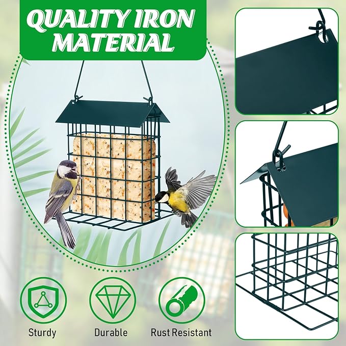 Nuogo 4 Pcs Wild Bird Feeder Squirrel Proof Outdoor Hanging Suet Holder with Metal Roof and Platform Outside Cake Suet Feeder Rainproof Cage for Oriole Hummingbird Chickadee Nuthatch(Dark Green)
