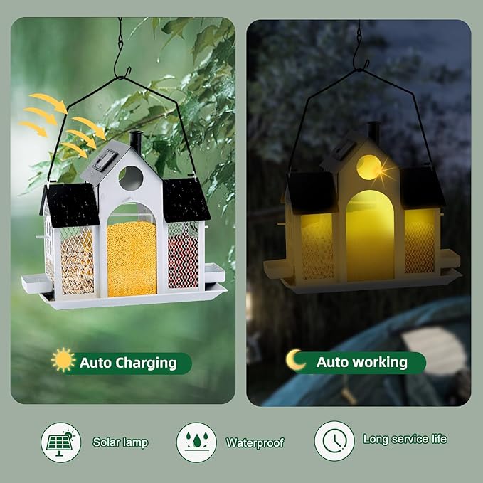 Solar Bird Feeder House for Outside Hanging, Large Capacity Birdhouse Bird Feeders Hanging for Outdoors, Metal Mesh Wild Birdfeeder for Finch Cardinal, White and Black
