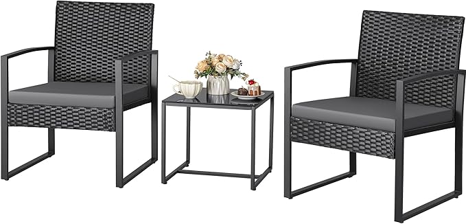 Greesum 3 Piece Wicker Conversation Bistro Sets Outdoor Patio Set Modern Rattan Chair Furniture Sets with Coffee Table for Yard Garden Porch Lawn (Grey)