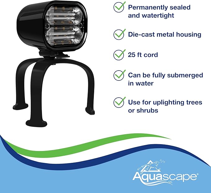 Aquascape Wide-Angle Underwater LED Light, 8-Watt, Smart Control Compatible, Expansive 90° Beam, Rock Wall Mountable, 84077