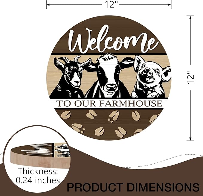 Deroro Welcome To Our Farmhouse Front Door Sign, Farm Animals Cow Pig Goat Wood Door Hanger Outdoor Outside Porch Decor, Rustic Wooden Wreath Indoor Wall Hanging Decoration