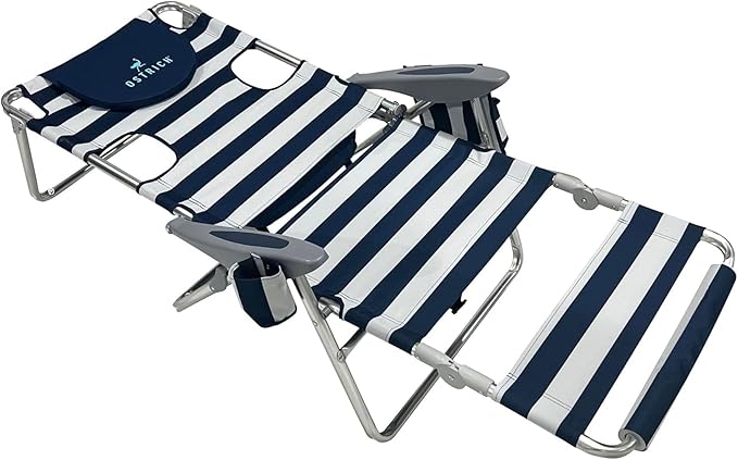 Ostrich Deltess 3N1 Portable Tanning Chair, Reclining Outdoor Lounger, and Cooler Bag, Lightweight and Adjustable, Striped Blue and White