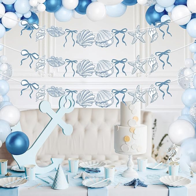 3 PACK Summer Banner Seashells Decor Party Decorations Party Supplies Birthday Decorations Blue Bow Starfish The Sea Summer Birthday Wedding Bachelorette Under Paper Hanging Banner for Baby Showre