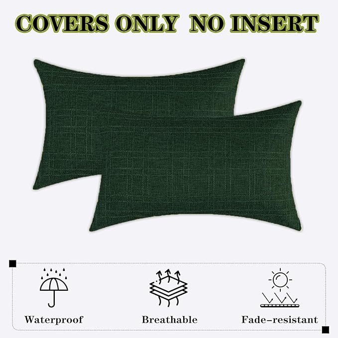 Kevin Textile Pack of 2 Outdoor Waterproof Pillow Covers Checkered Decorative Cushions Sham Throw Pillowcases Shell for Patio Tent Garden Couch Bed Sofa 20x12 Inch Army Green