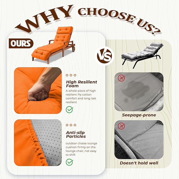 Waterproof Long Lounger Chair Cushion Outdoor Chaise Lounge Chair Cushionswith Ties, Patio Recliner Thickened Lounge Chair Cushions for Indoor 74.4 x 22 x 4.7 Inches,Cushion Only (Orange)
