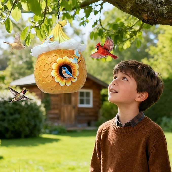 Bird Houses for Outside Pink Cottage Resin Birdhouse, Garden Outdoor Decor Bird House with Flower and Bees, Birdhouses for Outdoors for Bluebird Finches Cardinals