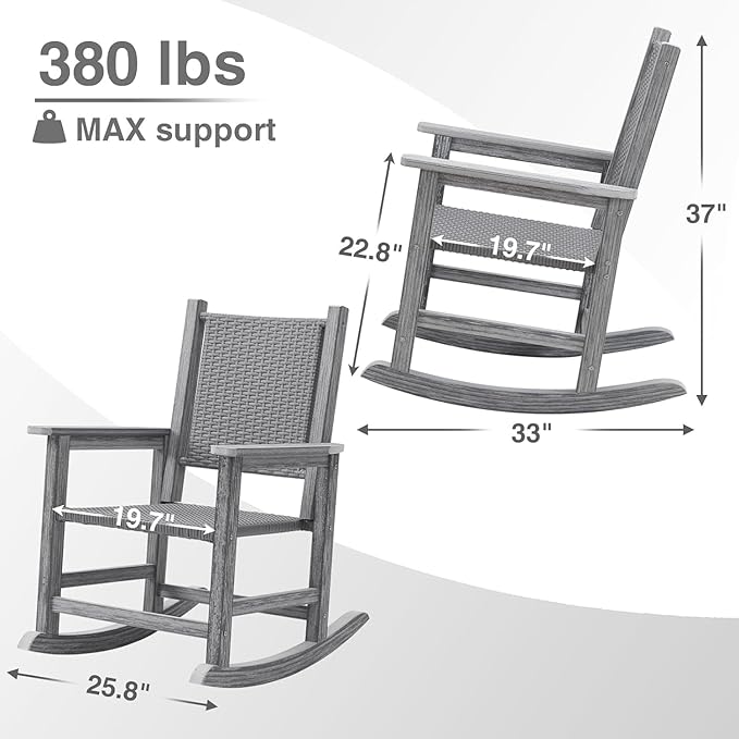 Rocking Chair Outdoor, Wicker Rocking Chair for Outside, Woven Seat & Back, All Weather Ratten Outdoor for Porch, Garden, Lawn, and Balcony (Grey)