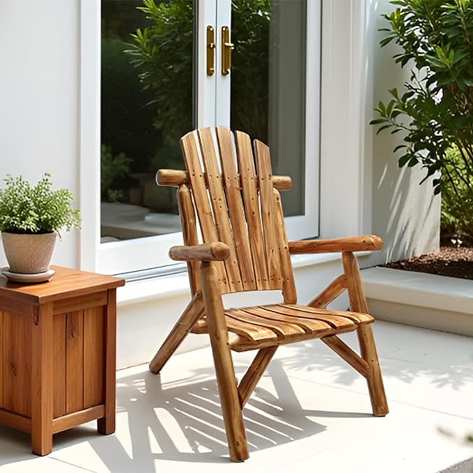 DJL Adirondack Wooden Chair Set of 2 Outdoor Patio Lounge Log Cabin Furniture Rustic Solid Wood Comfortable Seating for Porch, Balcony, Lawn, Fire Pit, Deck, Brown, 42.12 Inches Tall
