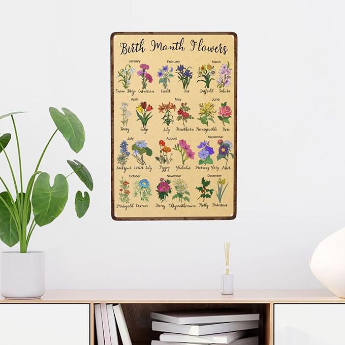 Birth Month Flower Garden Gifts Vintage Metal Tin Sign Retro Rustproof Funny Art Wall Decor Gift for Home Greenhouse Living Room Bedroom Yard Cottage Outdoor 8x12 Inch