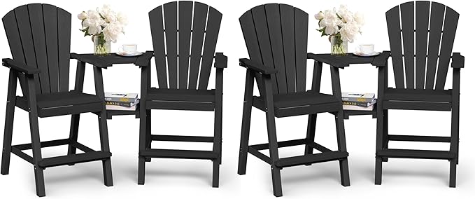 Ciokea Tall Adirondack Chairs Set of 4, HDPE Outdoor Adirondack Bar Stools with Double Connecting Tray, Weather Resistant High Back Adirondack Balcony Chairs for Deck, Lawn, Pool, Backyard, Black