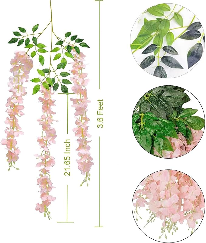 6pcs Artificial Wisteria Flowers 3.6 Feet/Piece Pink Dense Artificial Fake Wisteria Vine Ratta Hanging Garland Silk Flowers String Home Party Wedding Decor（Pink-Dense）