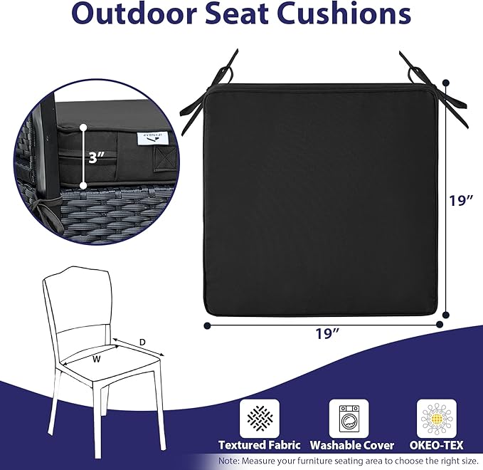 Outdoor Chair Cushions Set of 4,Waterproof Outdoor Seat Cushions for Patio Furniture,Patio Chair Cushion with Handle and Ties, Square Out Door Chair Pads,19" x 19" x 3", Black