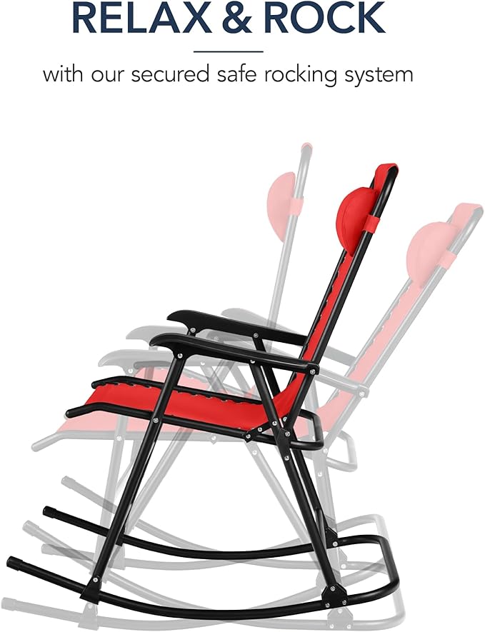Best Choice Products Outdoor Folding Rocking Chair, Zero Gravity Lounge Chair, Patio Rocker w/Headrest Pillow - Crimson Red