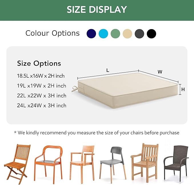 Outdoor Chair Cushions Set of 6: Waterproof & Fade Resistant Seat Cushion for Patio Furniture - 19 x 19 x 2 Inch Chair Pads with Ties and Hidden Zipper - Patio Chair Cushion Replacement, Beige