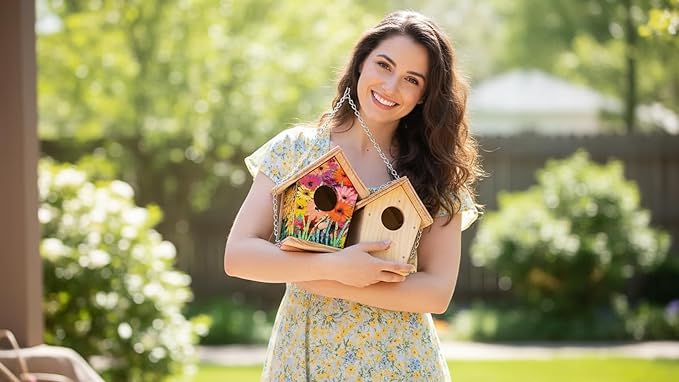 2pc DIY Birdhouse Kit, Cedar Wood Bird House Kits Bulk for Adults, Art Craft Outdoor Birdhouse, Solid Wood Weather Proof Material Painting Kit, Chain for Tree Hanging