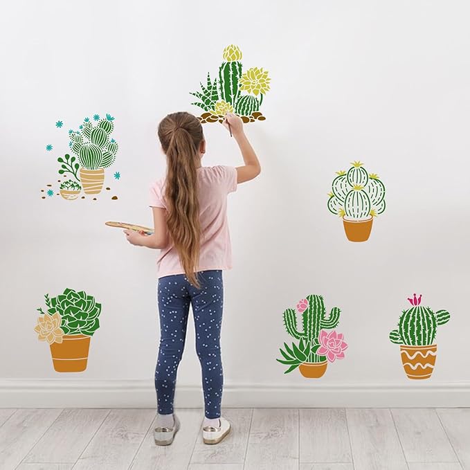25 PCS Cactus Stencils Reusable Summer Cacti Stencils for Painting on Wood, Tropical Succulent Template for Painting on Furniture Wall Floor Canvas DIY Craft Home Decor, 6 x 6 Inch