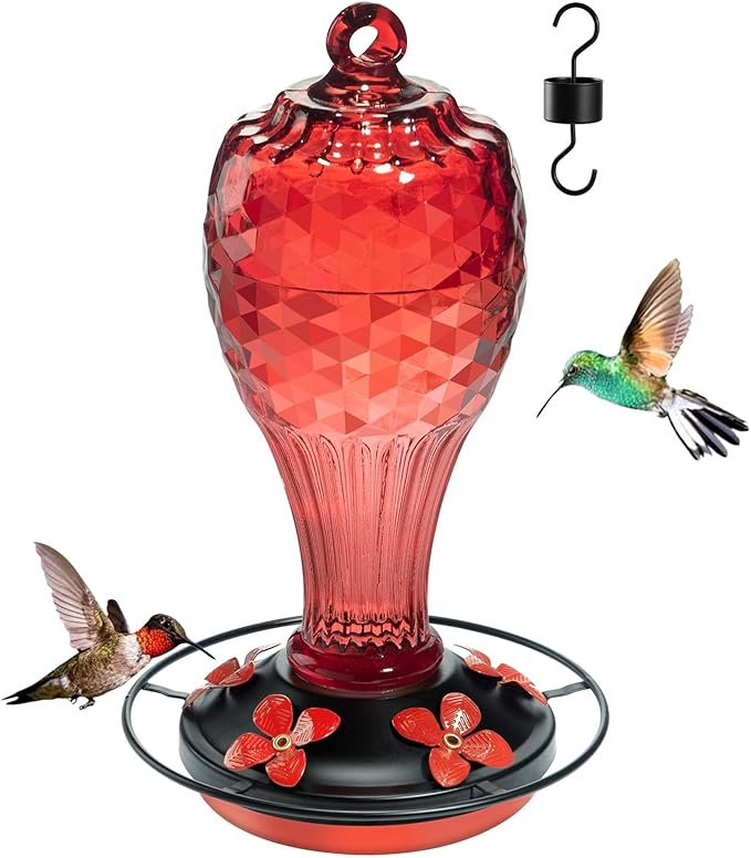 20 OZ Glass Hummingbird Feeders for Outdoors Hanging - Hand-Blown Vibrant Red Reflective Fish-Scale Design - Attracts More Hummingbirds - Leak-Proof Silicone Seal & Ant Moat - Gift for Mom