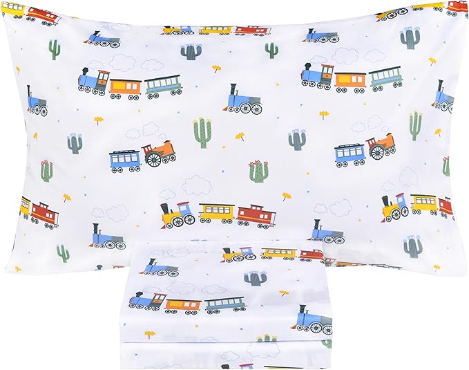 Scientific Sleep Little Train Cactus Cute Fun 100% Cotton Cozy Twin Bed Sheet Set, Flat Sheet & Fitted Sheet & Pillowcase Kids Boys Bedding Set (Trains, Twin)