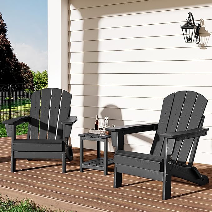 GarveeLife Folding Adirondack Chairs Set of 2 with Side Table, HDPE Plastic Outdoor Chairs with Wood Texture - 380 LBS & Weather Resistant for Fire Pit, Deck, Patio, Pool, Backyard - Black