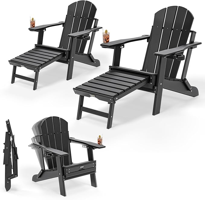 VINGLI Back-Adjustable Plastic Folding Adirondack Chairs Set of 2with Retractable Footrest & 2-in-1 Cup Holders, Waterproof HDPE Outdoor Fire Pit Chairs for Patio, Pool, Capacity 400 LBS, Black