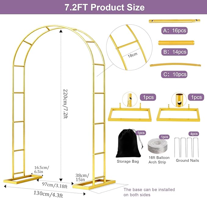 7.2FT Metal Garden Arch Trellis Arbor, Wedding Arch Stand with Steel Frame, Metal Pergola Arbor with Base for Decor Valentines Day Garden Trellis Climbing Plant, Bridal Party Ceremony