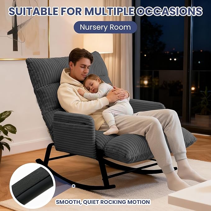 Oversized Rocking Chair with Adjustable Backrest and Footrest, Outdoor Reading Chair - Chaise Lounge Chair Indoor, Comfy Corduroy Rocking Chair for Patio, Porch, Balcony, Living Room