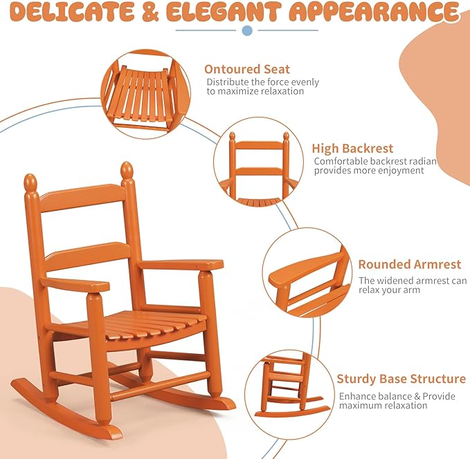 Outvita Kids Rocking Chair, Ergonomic Sturdy Toddler Rocking Chair with High Backrest & Rounded Armrests, Safe Solid Wood Baby Rocker Chair for Age 3-6, Outdoor, Living Room, Reading Room(Orange)