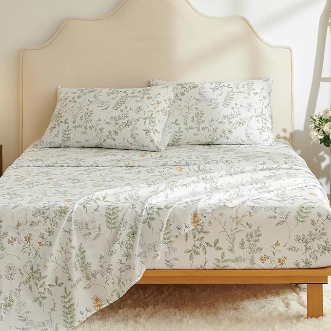 Botanical Bed Sheets Queen Size 4 Piece Sheet Set, Sage Green Floral Shabby Chic Leaves Pattern Printed Coquette Aesthetic Bedding, Deep Pocket, Soft Microfiber