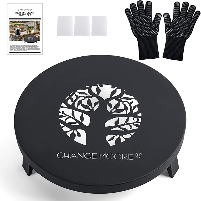 CHANGEMOORE 9.1'' Fire Pit Mat & Heat Resistant Gloves Set, Tabletop Protection with Foldable Stand, Barbecue Heat Resistant Mat for Tabletop Fire Pit, Long Wrist Non-Slip Silicone, up to 300°C