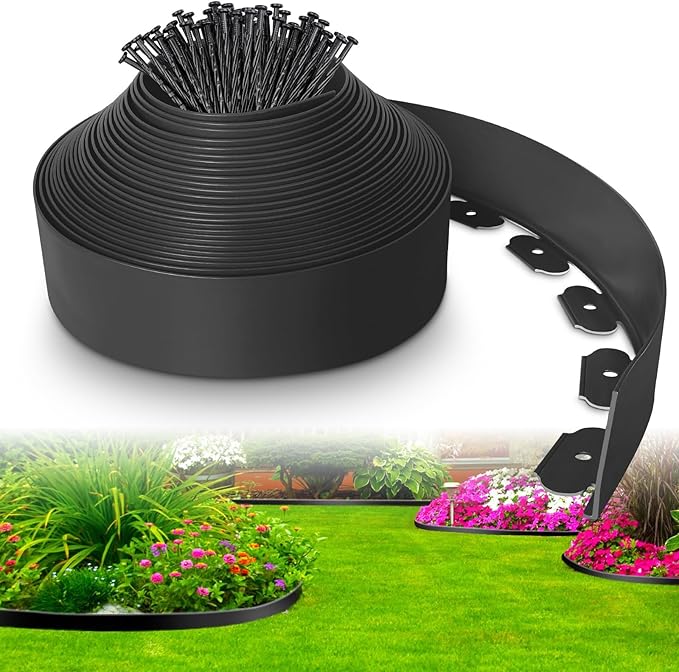 4-Inch x 33 FT Landscape Edging Border with 50 Spikes, Garden Edging Lawn Border Kit, Plastic Edging Border Flexible for Garden Flower Beds Lawn Yard Pathway Paver (Black)